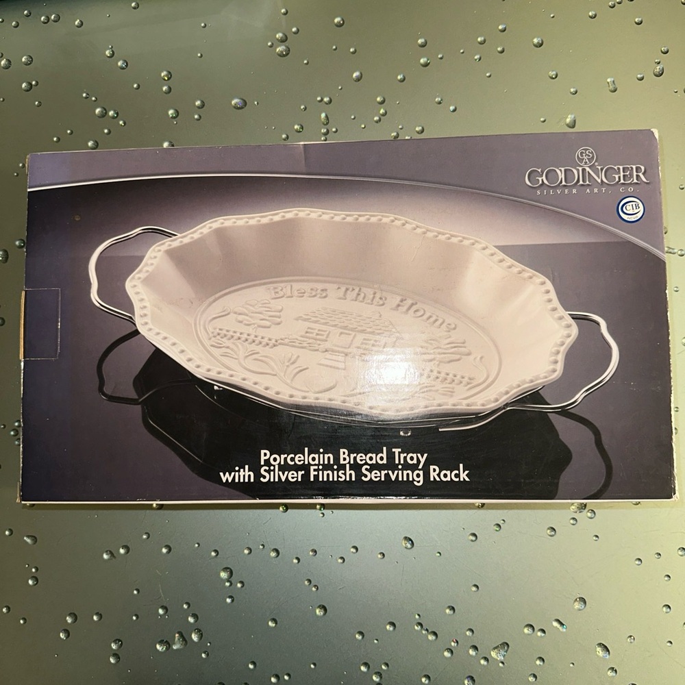 Godinger Porcelain Bread Tray with Silver Serving Rack - NEVER OPENED!
